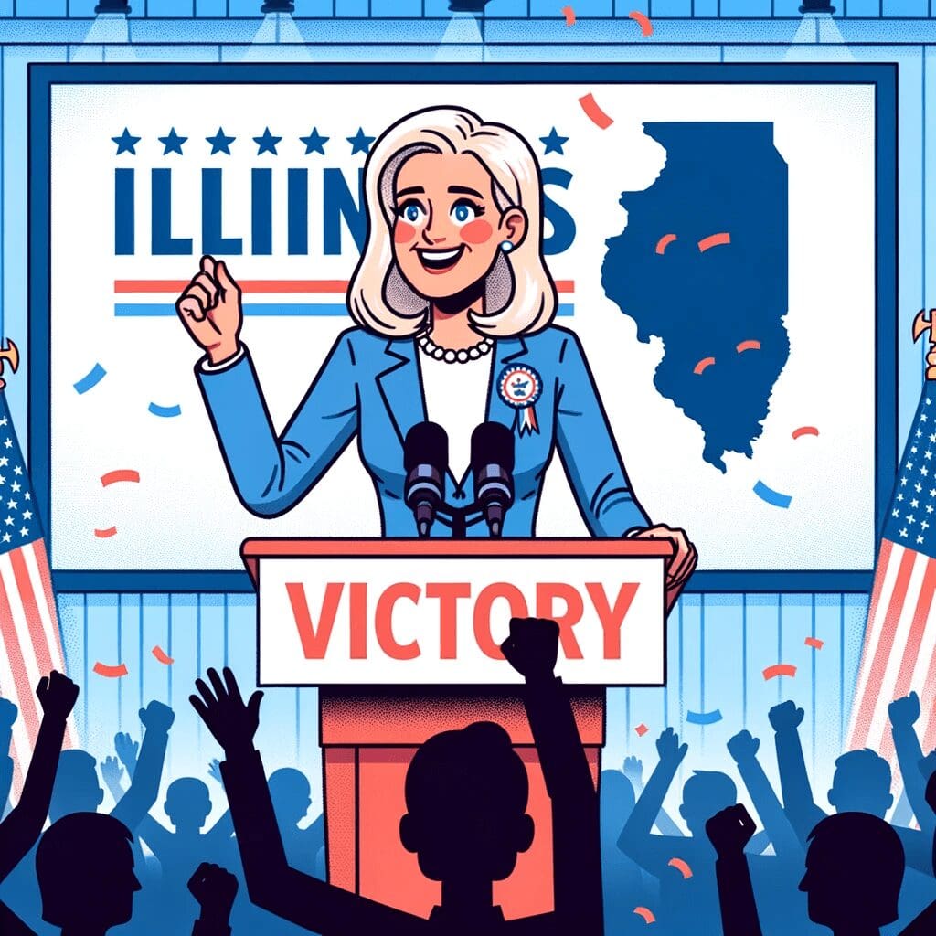 Illustration of a conservative female candidate in Illinois giving a victory speech on stage. Behind her is a large screen displaying the state of Ill