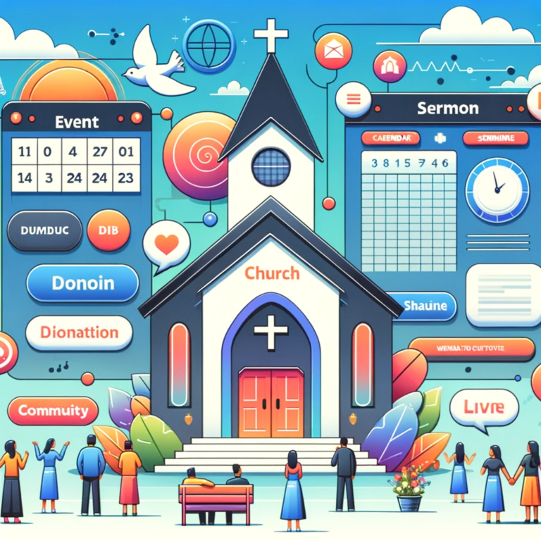 modern design representing a church website with features like event calendar, sermon section, donation button, and community