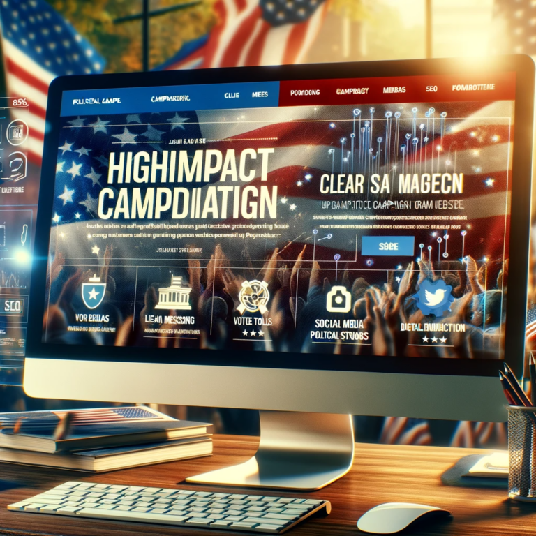 A visually engaging political campaign website displayed on a computer screen, showcasing features like clear messaging, user-friendly design,