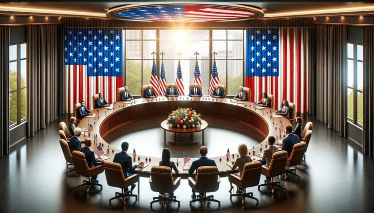 political meeting in the USA, specifically for county political parties. The setting is an American-style conference room