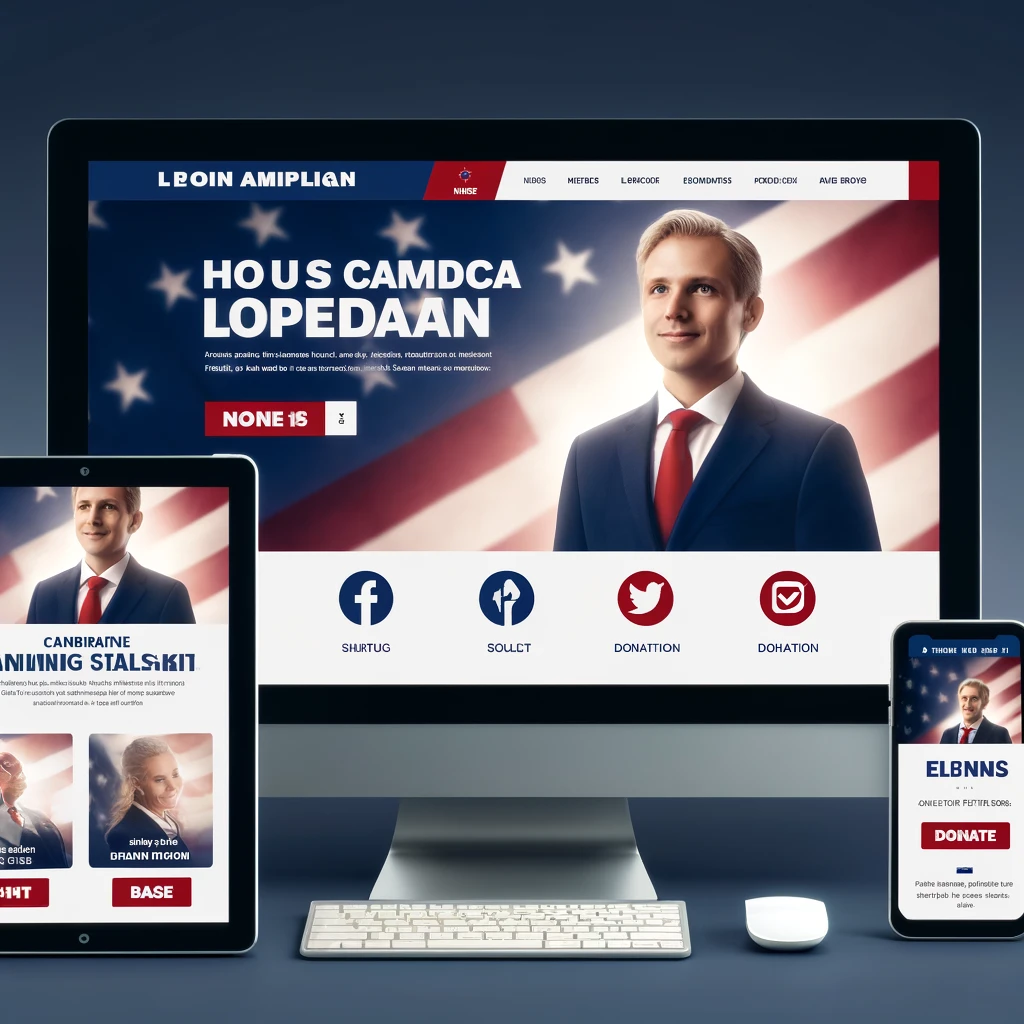 A vibrant and modern political campaign website design with a clean layout, patriotic color scheme, and engaging elements like social media links and donation buttons.